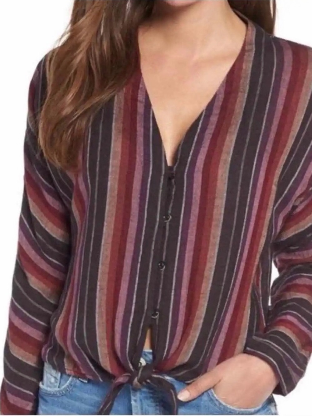 Rails Women's Size S Solane Brava
Stripe Knot Front Long Sleeve Cropped
Blouse